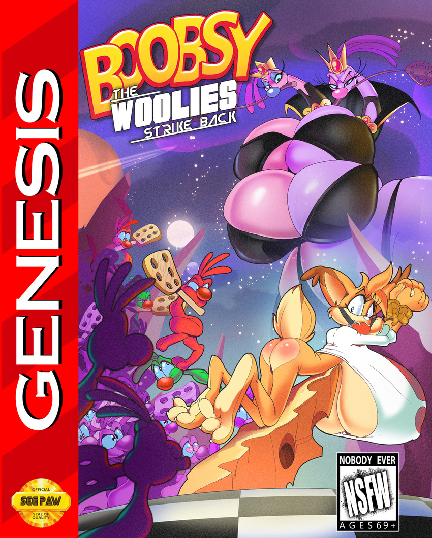 2017 4_breasts alien anthro ball_gag bdsm big_breasts bondage bottomless bound breasts bubsy bubsy_(series) butt claws clothed clothing crossgender feline female gag group hi_res huge_breasts hyper hyper_breasts looking_back lynx mammal multi_breast paddle paws rabid rope spank_marks spanking video_games woolie_(bubsy)