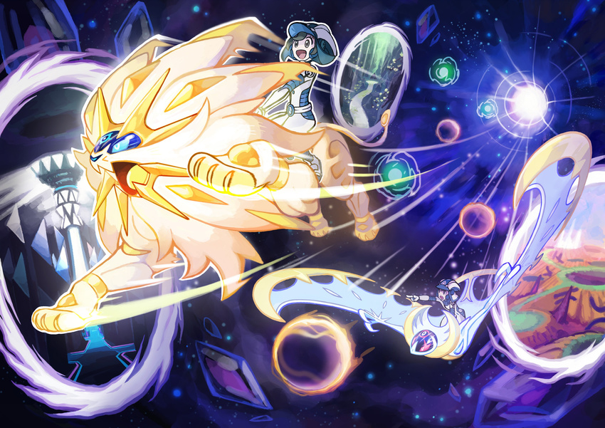 absurd_res bat feline flying hi_res human legendary_pok&eacute;mon lunala mammal moon_(pok&eacute;mon) nintendo official_art pok&eacute;mon pok&eacute;mon_(species) riding solgaleo sun_(pok&eacute;mon) video_games