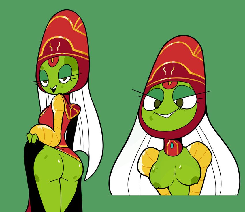 alien anthro breasts butt female green_background green_eyes green_skin looking_at_viewer looking_back miscon nipples not_furry open_mouth presenting presenting_hindquarters presidentress rick_and_morty simple_background smile solo teeth