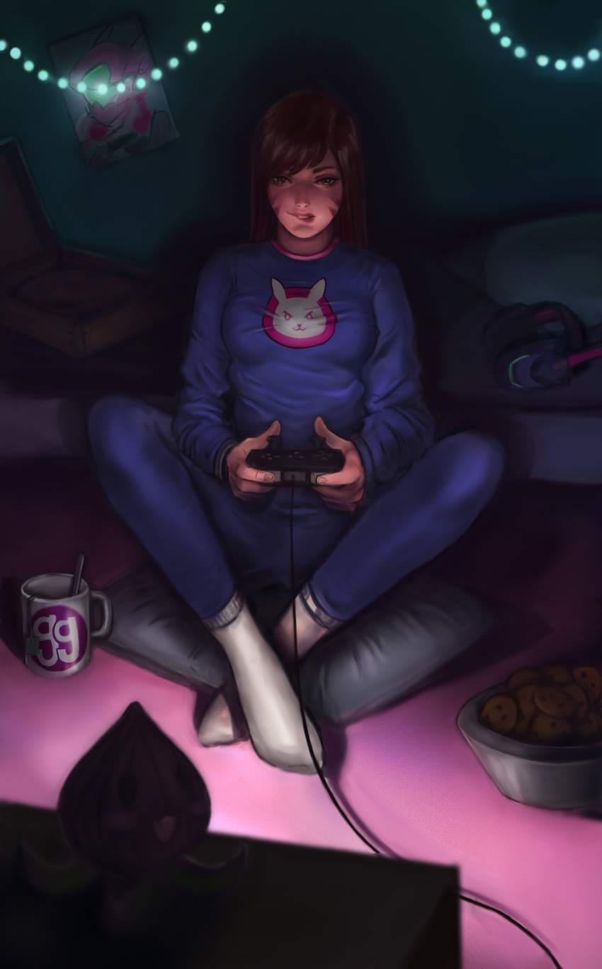 absurdres adapted_costume anastasia_mitasova animal_print bangs biting blue_pajamas blue_pants blue_shirt bowl breasts brown_eyes brown_hair bunny_print casual controller cookie crossed_legs cup cushion d.va_(overwatch) facepaint facial_mark food full_body game_controller headphones headphones_removed highres holding indoors lip_biting lips long_hair long_sleeves looking_at_viewer md5_mismatch mug nose overwatch pachimari pajamas pants parted_lips pillow pink_lips pizza_box playing_games poster_(object) shirt sitting small_breasts socks solo string_lights stuffed_animal stuffed_octopus stuffed_toy swept_bangs television whisker_markings white_legwear