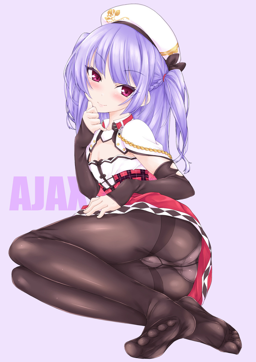 aiguillette ajax_(azur_lane) ass azur_lane bangs beret black_legwear blue_hair blush braid capelet character_name detached_sleeves eyebrows_visible_through_hair feet full_body hat highres itou_ayachi legs long_hair long_sleeves looking_at_viewer lying no_shoes on_side panties panties_under_pantyhose pantyhose purple_eyes red_skirt remodel_(azur_lane) seductive_smile simple_background skirt sleeves_past_wrists smile soles solo thighband_pantyhose toes two_side_up underwear white_capelet