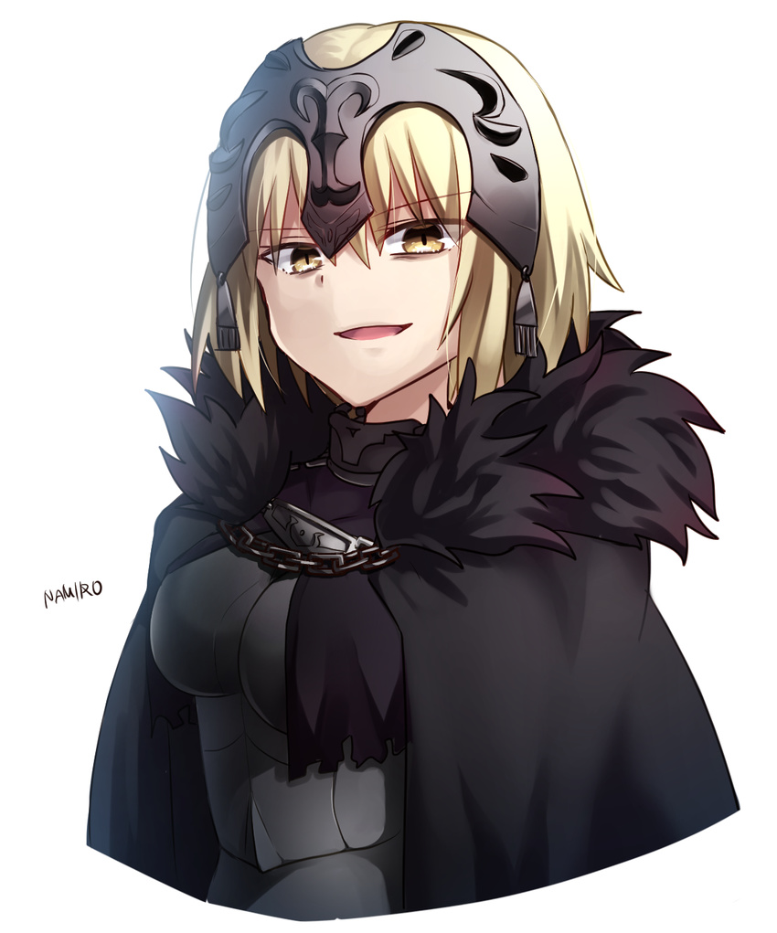 armor artist_name bad_id bad_pixiv_id bags_under_eyes bangs black_cape blonde_hair breasts cape cloak commentary_request eyebrows_visible_through_hair fate/grand_order fate_(series) fur_collar fur_trim gauntlets headpiece highres ichiren_namiro jeanne_d'arc_(alter)_(fate) jeanne_d'arc_(fate)_(all) looking_at_viewer medium_breasts short_hair side_slit sidelocks signature simple_background smile upper_body vambraces white_background yellow_eyes