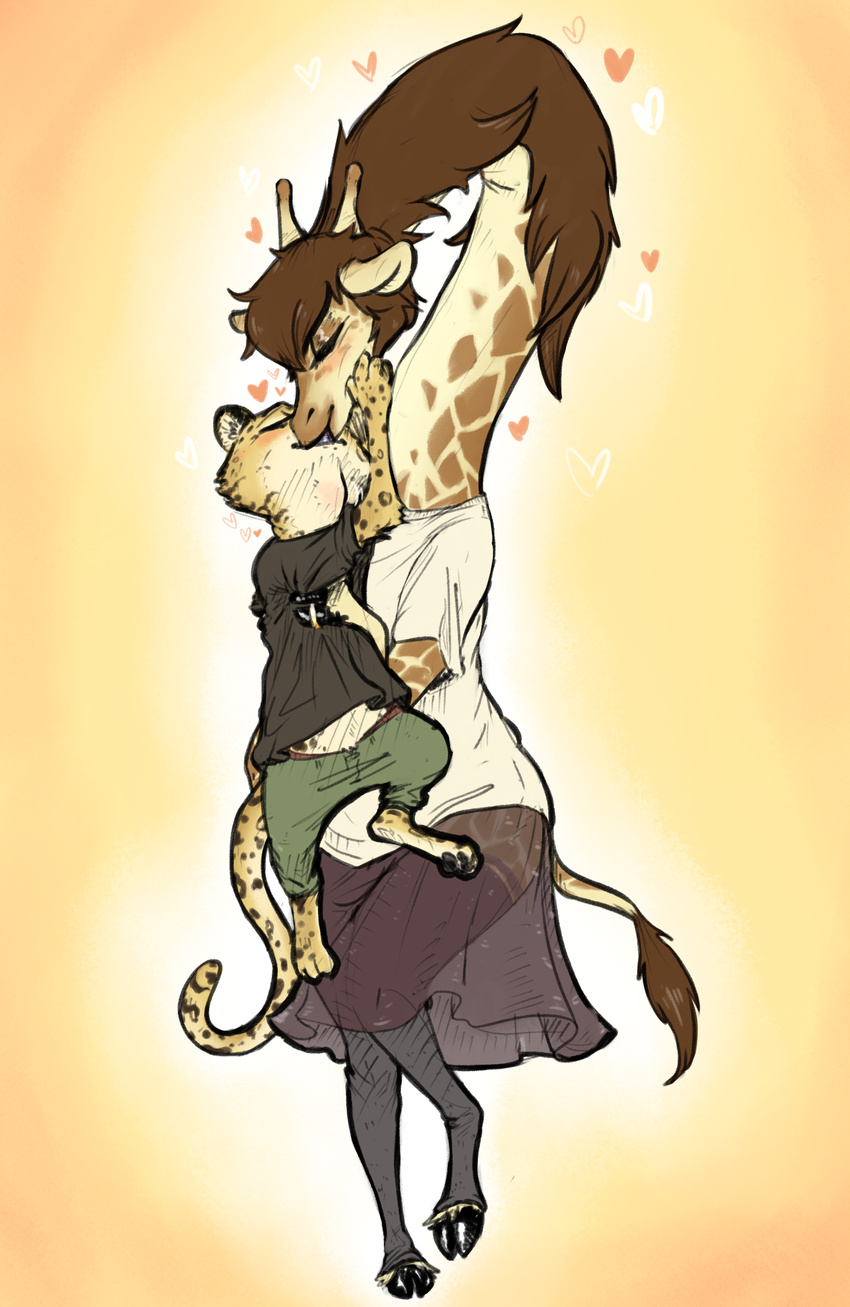 &lt;3 2017 anthro brown_hair carrying cheek_tuft clothing desmond_(zootopia_fan_character) disney duo extreme_french_kiss eyes_closed fan_character feline fur giraffe gradient_background hair hi_res hooves husband_and_wife jaguar kissing legwear long_tongue mammal molly_(zootopia_fan_character) neck_bulge nobby_(artist) paws predator/prey ring romantic_couple shirt simple_background size_difference skirt spots spotted_fur standing thigh_highs tongue tuft wedding_ring zootopia