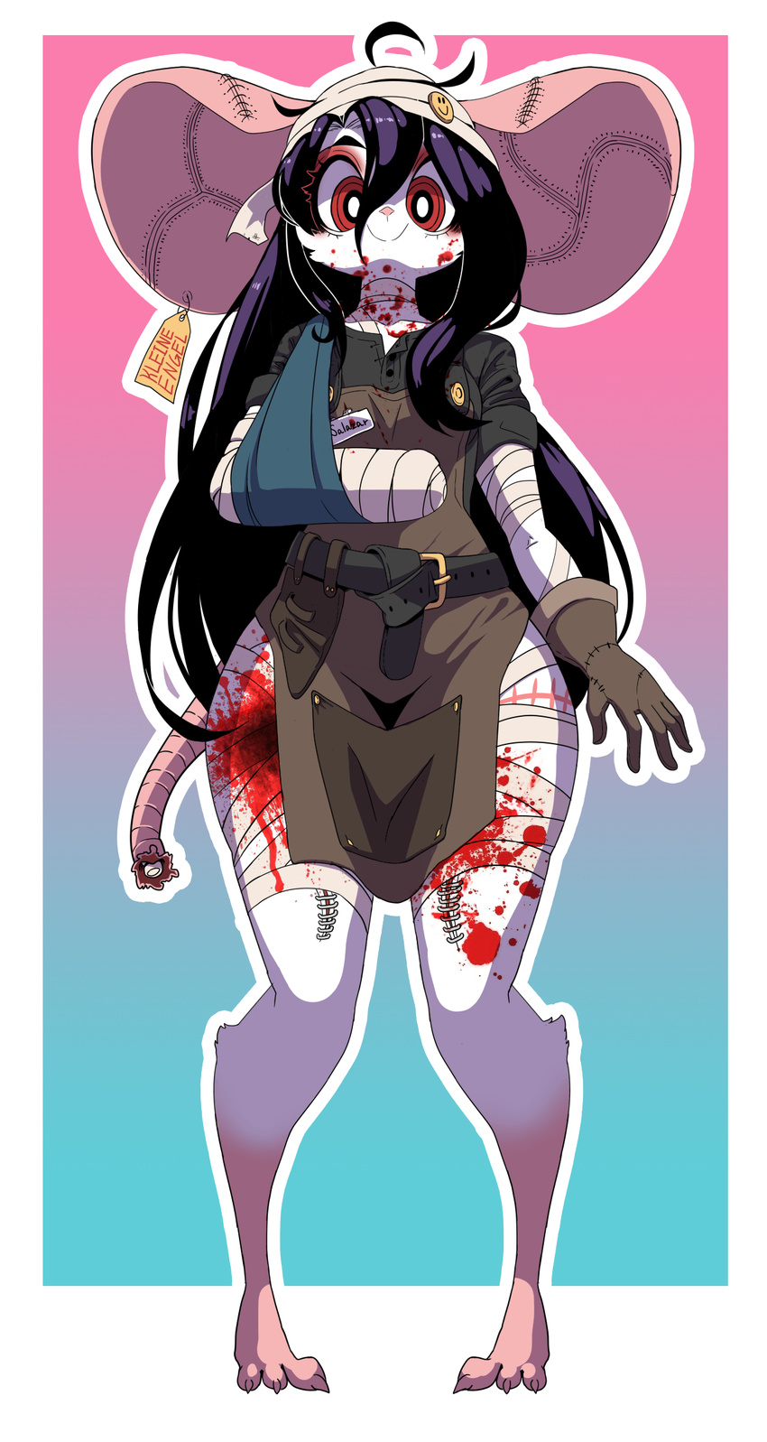 amputee anthro apron bandage belt big_ears black_hair blood bottomless cakewasgood cast clothed clothing female gore hair halo long_hair mammal mouse red_eyes rodent salazar_(cakewasgood) simple_background smiley_face solo staples stitches text thick_thighs white_background wide_hips
