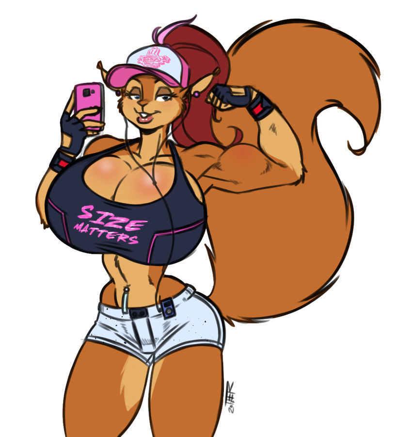 2017 anthro backless_gloves baseball_cap biceps big_breasts big_tail black_bra black_clothing black_gloves black_topwear black_underwear bra breasts brown_fur brown_tail cellphone cleavage clothed clothing countershade_torso countershading digital_media_(artwork) ear_piercing earbuds english_text eyelashes female fingerless_gloves flexing front_view fur gloves hair half-closed_eyes hat headphones holding_object holding_phone huge_breasts lips long_hair long_tail looking_at_viewer mammal marika_(teer) multicolored_fur muscular muscular_female phone piercing pink_lips portable_music_player portrait red_hair rodent shorts signature simple_background solo sports_bra squirrel standing tan_countershading tan_fur teer text thick_bottom_lip three-quarter_portrait two_tone_fur underwear white_background white_bottomwear white_clothing white_shorts
