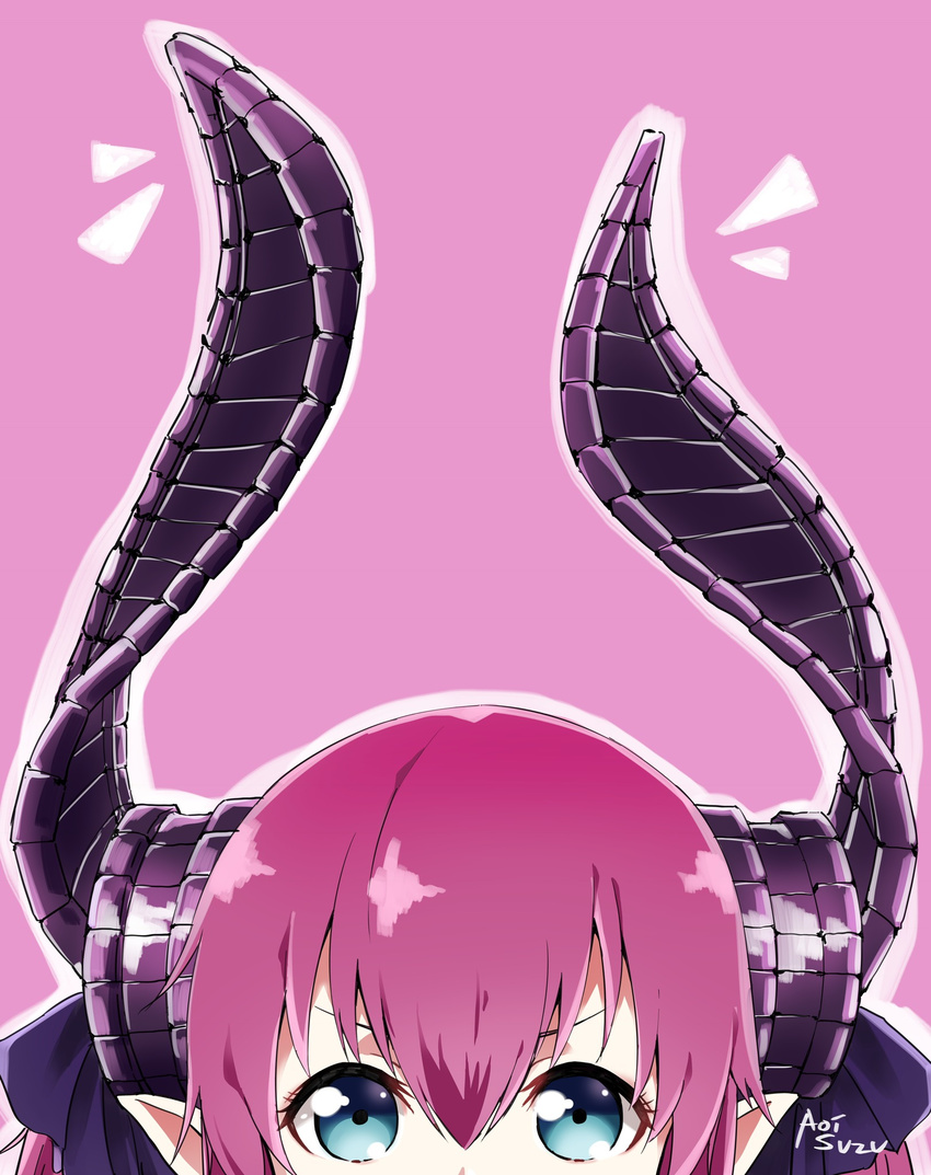 aoi_suzu artist_name asymmetrical_horns blue_eyes close-up commentary_request elizabeth_bathory_(fate) elizabeth_bathory_(fate)_(all) eyelashes fate/extra fate/extra_ccc fate_(series) hair_between_eyes hair_ribbon highres horns looking_at_viewer out_of_frame outline pink_background pink_hair pointy_ears ribbon simple_background solo tareme