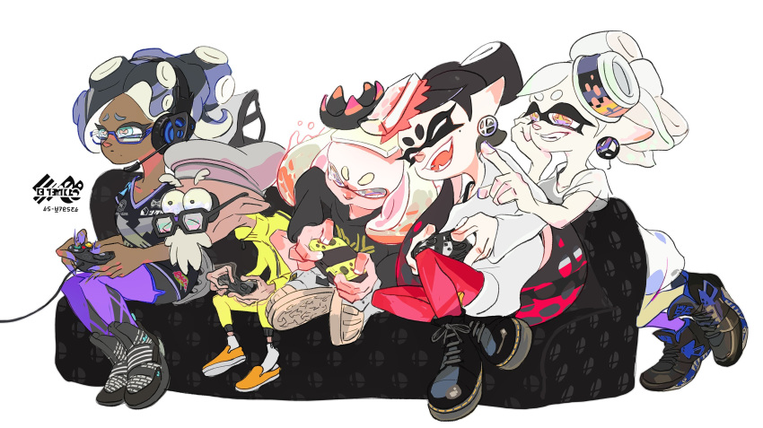 +_+ 1boy 4girls alternate_costume aori_(splatoon) artist_request beard bespectacled black_hair boots cephalopod_eyes commander_atarime couch cousins crown dark_skin domino_mask earrings eyes_closed facial_hair fangs food food_on_head gamecube_controller glasses hat headset highres hime_(splatoon) hotaru_(splatoon) iida_(splatoon) jersey jewelry mask mole mole_under_eye mole_under_mouth multicolored multicolored_hair multicolored_skin multiple_girls nintendo nintendo_switch nintendo_switch_controller object_on_head off_shoulder official_art open_mouth playing_games pointy_ears pout purple_legwear red_legwear shirt shoes sitting sneakers splatoon splatoon_(series) splatoon_1 splatoon_2 squidbeak_splatoon super_smash_bros. sweater tears tentacle_hair thick_eyebrows white_shirt