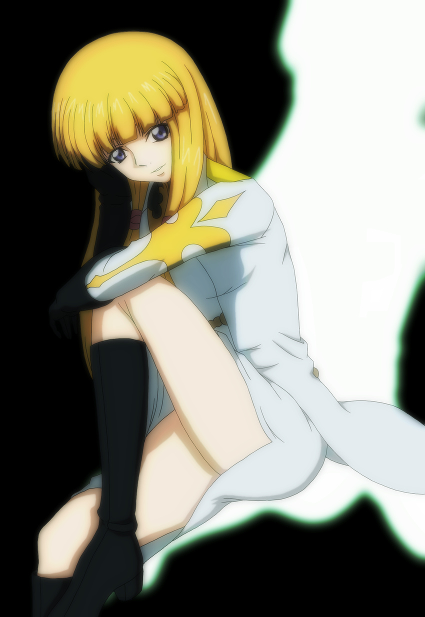 black_background blonde_hair blue_eyes blush boots breasts code_geass hair_ornament hair_ribbon highres knights_of_the_round_uniform large_breasts looking_at_viewer military military_uniform monica_kruszewski ribbon s_a_g_a simple_background smile solo thigh_boots thighhighs twintails uniform