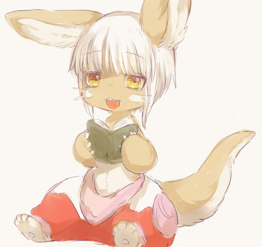 :3 :d animal_ears bad_id bad_twitter_id book brown_fur commentary_request ear_down eyebrows_visible_through_hair full_body fur furry grey_background hideko_(l33l3b) holding holding_book looking_at_viewer made_in_abyss nanachi_(made_in_abyss) open_mouth paws simple_background sitting smile solo tail whiskers white_hair yellow_eyes