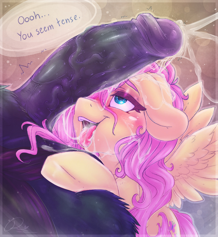 2017 blush cum cum_in_hair cum_on_tongue cutie_mark dialogue digital_media_(artwork) dimwitdog duo english_text equine faceless_male feathered_wings feathers female feral fluttershy_(mlp) friendship_is_magic hair hi_res humanoid_penis long_hair male male/female mammal my_little_pony open_mouth pegasus penis solo_focus text tongue tongue_out vein wings