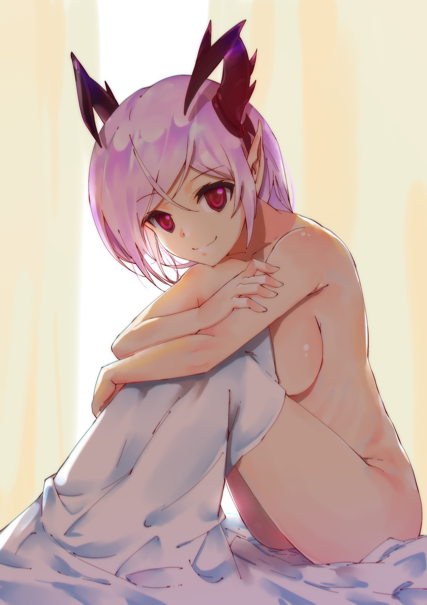 aduo bed_sheet breasts demon_horns full_body highres horns large_breasts lavender_hair leg_hug looking_at_viewer nude oskulolu pointy_ears red_eyes ribs shironeko_project sideboob sitting smile solo