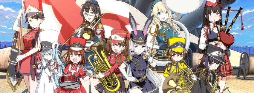 adapted_costume akagi_(kantai_collection) akatsuki_(kantai_collection) alternate_costume alto_saxophone anchor_symbol animal_ears atago_(kantai_collection) bagpipes band_uniform baton black_hair blonde_hair blue_eyes blue_hair breasts brown_eyes brown_hair buttons cannon closed_mouth commentary_request day drum drum_major drumsticks epaulettes euphonium eyebrows_visible_through_hair fangs flag flagpole flight_deck french_horn fuwa_daisuke glasses gloves green_eyes hair_between_eyes hair_ribbon hand_on_hip hat hibiki_(kantai_collection) holding holding_flag horn_(instrument) houshou_(kantai_collection) ikazuchi_(kantai_collection) inazuma_(kantai_collection) instrument kantai_collection long_hair long_sleeves looking_at_viewer multiple_girls muneate murakumo_(kantai_collection) music ocean one_eye_closed ooyodo_(kantai_collection) open_mouth playing_instrument pleated_skirt purple_eyes purple_hair railing ribbon ryuujou_(kantai_collection) sakuramon saxophone semi-rimless_eyewear shako_cap ship short_hair short_sleeves silver_hair skirt sleeveless smile snare_drum sousaphone straight_hair suona tasuki tress_ribbon trombone tuba turret twintails under-rim_eyewear water watercraft weapon white_gloves wooden_deck