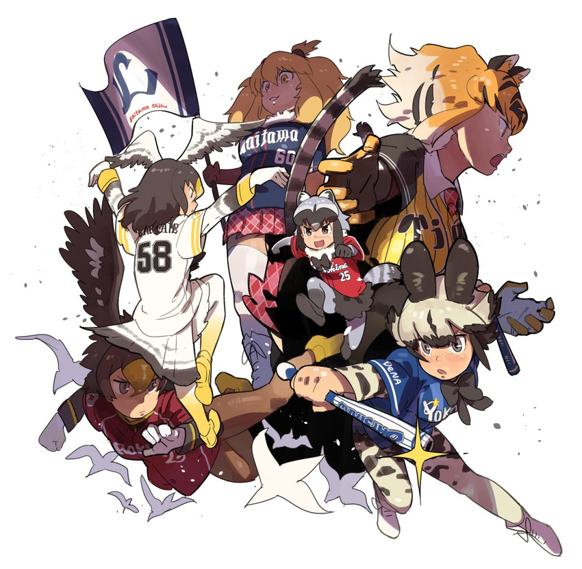 african_wild_dog_(kemono_friends) baseball_bat baseball_jersey blonde_hair brown_hair commentary_request common_raccoon_(kemono_friends) flag fukuoka_softbank_hawks golden_eagle_(kemono_friends) grey_eyes grey_hair grey_legwear hair_between_eyes hanshin_tigers hiroshima_touyou_carp kazue1000 kemono_friends lion_(kemono_friends) multiple_girls nippon_professional_baseball northern_goshawk_(kemono_friends) pantyhose saitama_seibu_lions simple_background smile sportswear tiger_(kemono_friends) touhoku_rakuten_golden_eagles white_background white_footwear white_legwear yellow_eyes yellow_footwear yokohama_dena_baystars