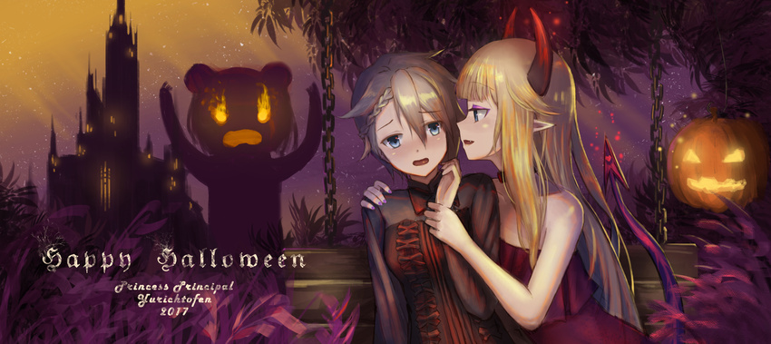 3girls absurdres ange_(princess_principal) arms_up artist_name bangs bare_shoulders beatrice_(princess_principal) bench black_shirt blonde_hair blue_eyes blunt_bangs blush braid brown_hair burning_eyes castle choker collarbone commentary copyright_name demon_girl demon_horns demon_tail dress english eyeshadow fang fire hair_between_eyes hair_flaps halloween hand_on_another's_shoulder heart highres horns jack-o'-lantern leaning_to_the_side long_hair long_sleeves looking_at_another makeup multiple_girls nail_polish number open_mouth parted_lips plant pointy_ears princess_(princess_principal) princess_principal profile purple_nails red_dress shirt short_hair silhouette silhouette_demon single_braid sitting sleeveless sleeveless_dress strapless strapless_dress tail typo very_long_hair wrist_grab yuri yurichtofen