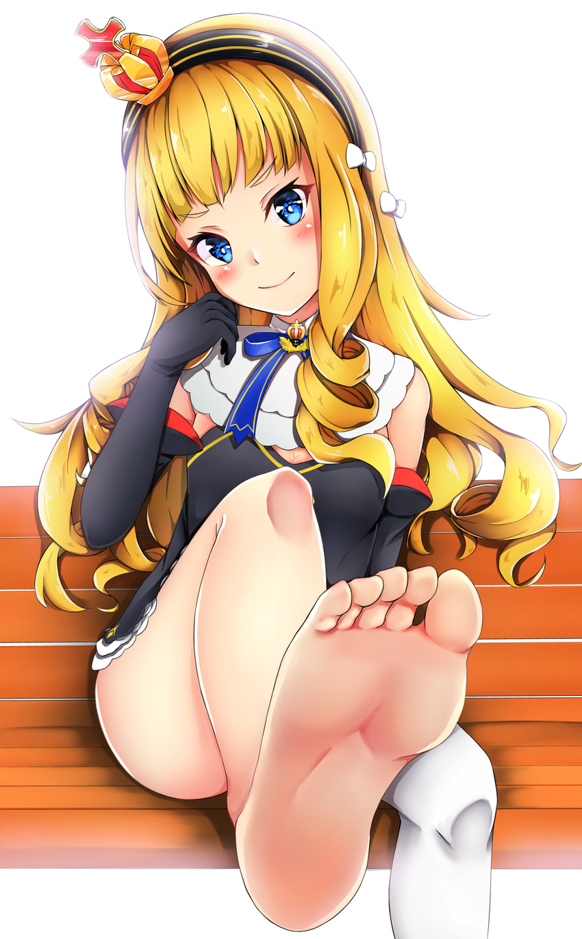 1girl azur_lane barefoot bench blonde_hair blue_eyes blush feet hairband long_hair looking_at_viewer one_leg_raised pov pov_feet queen_elizabeth_(azur_lane) single_sock sitting smile socks_removed soles toes white_legwear