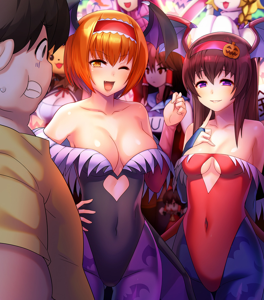 4girls alice_margatroid animal_print bare_shoulders bat_print blue_legwear blush bow breasts brown_eyes brown_hair character_request cleavage collarbone cookie_(touhou) cosplay fat fat_man gen_1_pokemon hair_bow hair_tubes hakurei_reimu highres hinase_(cookie) ichigo_(cookie) kanna_(cookie) large_breasts lilith_aensland lilith_aensland_(cosplay) long_hair looking_at_another looking_at_viewer looking_away mask morrigan_aensland morrigan_aensland_(cosplay) multiple_girls navel open_mouth orange_hair pantyhose parted_lips pikachu pokemon print_legwear purple_eyes purple_legwear red_bow reu school_swimsuit short_hair smile suzuki_(cookie) swimsuit tarmo touhou vampire_(game) yuuhi_(cookie)