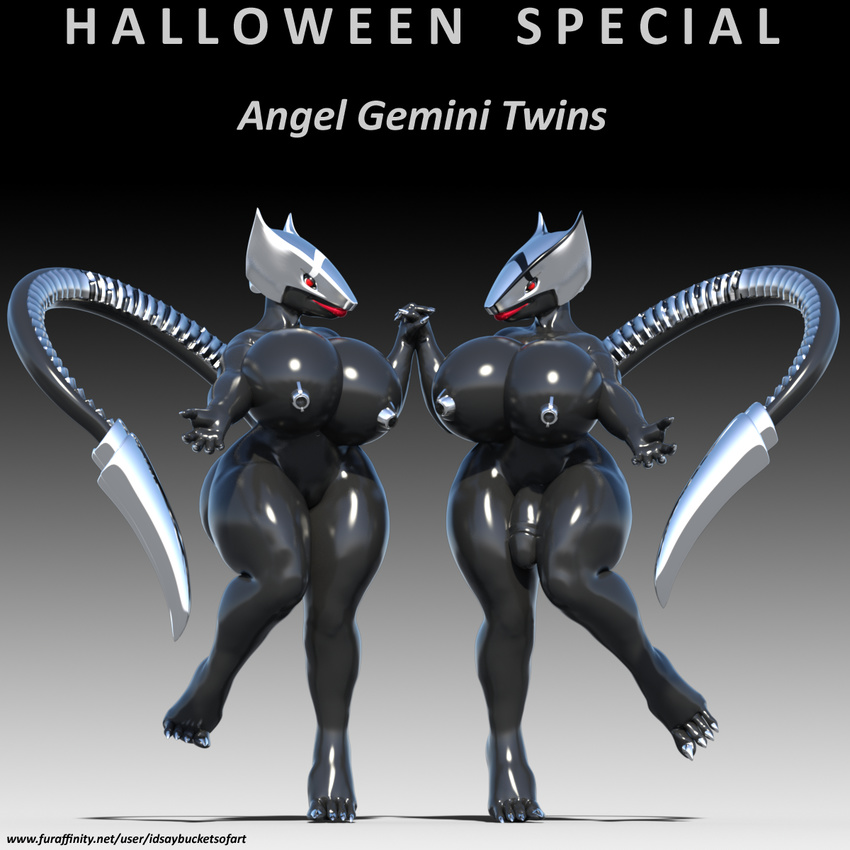 3d_(artwork) angela-45 anthro cosplay cyber_dragon dickgirl digital_media_(artwork) dragon female gemini_twins idsaybucketsofart intersex latex_skin machine