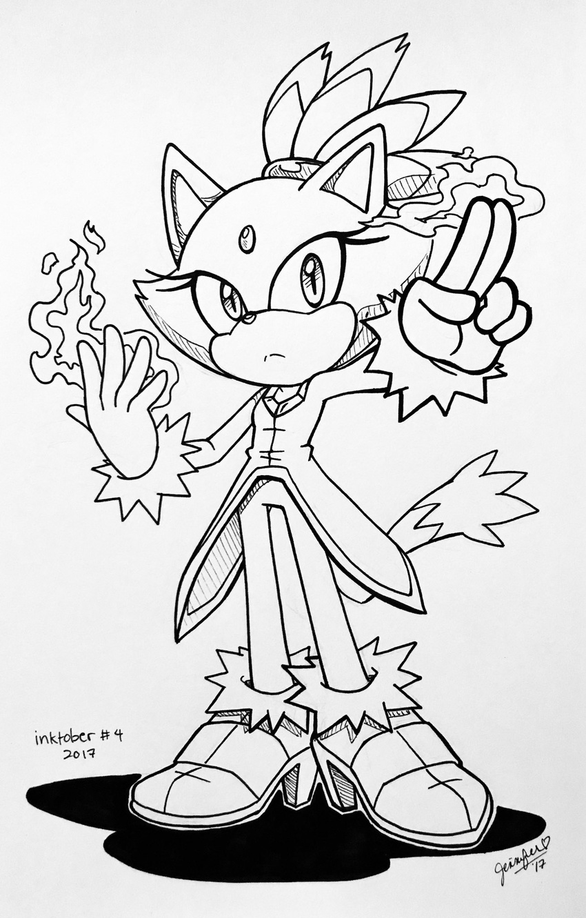 2017 anthro archie_comics blaze_the_cat cat chibi-jen-hen clothed clothing feline female fire mammal signature simple_background sketch solo sonic_(series) white_background