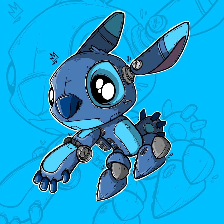 2019 4_fingers absurd_res alternate_species black_eyes blue_background blue_body blue_nose by-nc chest_tuft creative_commons disney head_tuft hi_res imrie lilo_and_stitch machine outline robot simple_background solo stitch tuft