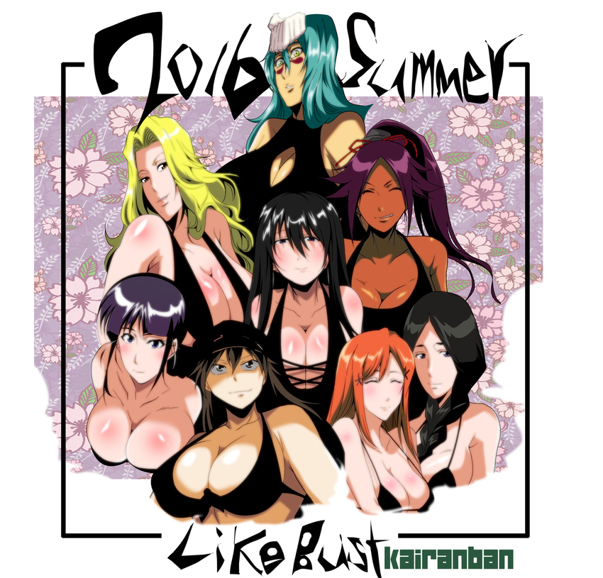 6+girls bleach breasts dark_skin green_hair huge_breasts kairanban matsumoto_rangiku multiple_girls neliel_tu_oderschvank orange_hair orihime_inoue purple_hair shihouin_yoruichi smile unohana_retsu