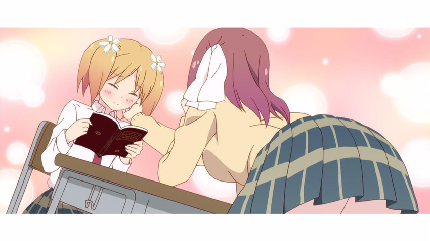 2girls ass blonde_hair blush book breasts bubbles canon embarrassed eyes_closed hair_ornament hairclip hand_on_another's_face leaning multiple_girls necktie official pigtails pink_background pink_hair ribbon sakura_trick school_uniform screencap simple_background skirt sonoda_yuu table takayama_haruka thighs uniform yuri