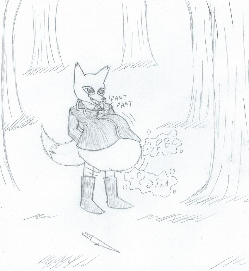 abdominal_bulge ambiguous_gender anthro black_and_white bulge canine clothing digestion english_text fluffy forest fox gregg gregg_(nitw) knife male male/ambiguous male_pred mammal monochrome night_in_the_woods nitw open_mouth oral_vore raised_tail same_size smile stomach_acid struggling taniciusthefox text tree vore willing_pred