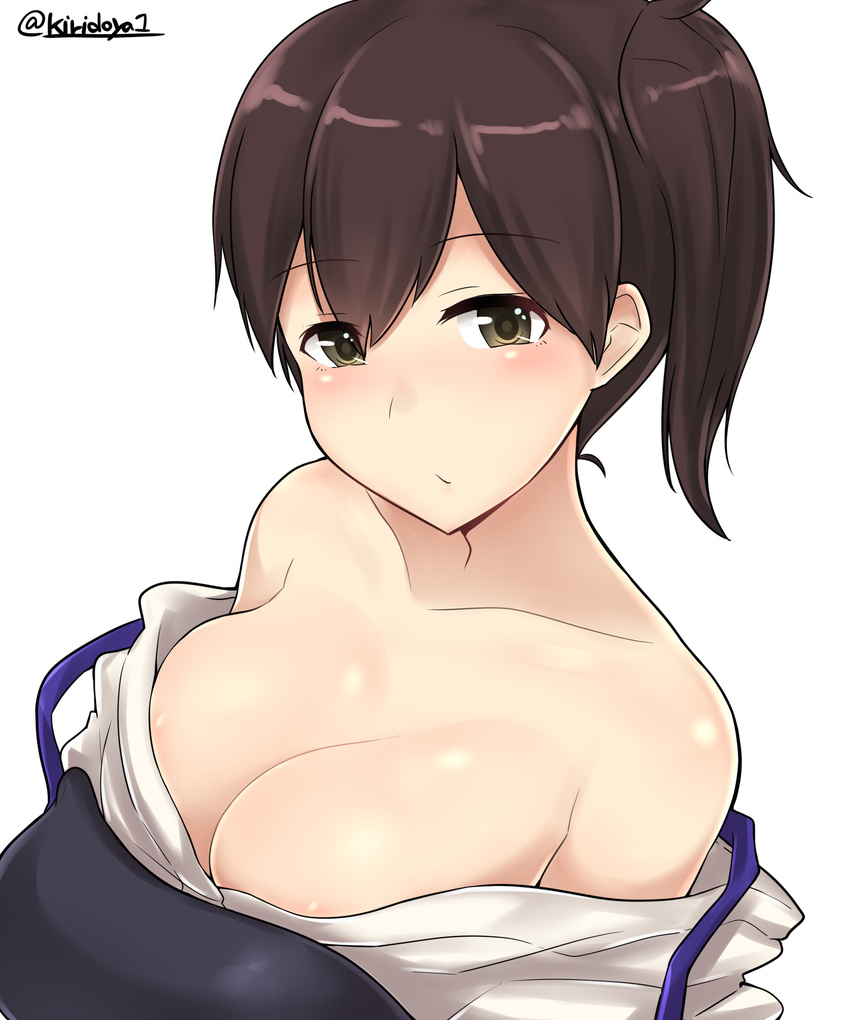 absurdres areola_slip areolae bangs bare_shoulders blush breasts brown_eyes brown_hair closed_mouth collarbone eyebrows_visible_through_hair highres japanese_clothes kaga_(kantai_collection) kantai_collection kimono kiritto large_breasts looking_at_viewer muneate off_shoulder one_side_up open_clothes open_kimono shiny shiny_skin short_hair simple_background solo twitter_username upper_body white_background white_kimono