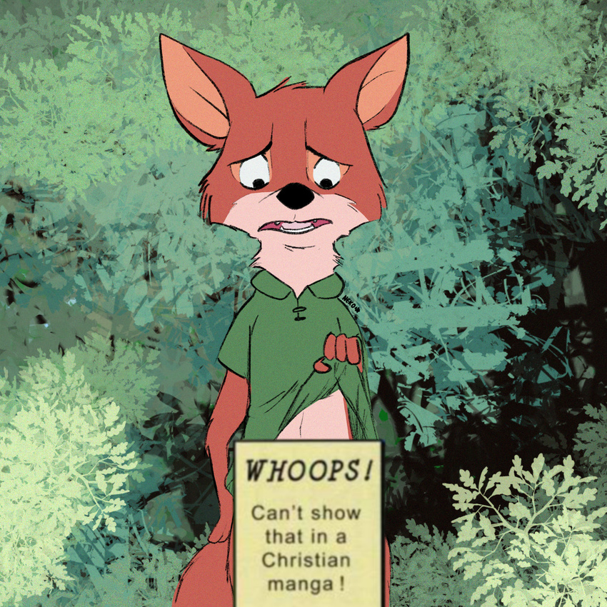 canine censored clothed clothing disney fox humor kitsune_neko-chan leaves looking_down male mammal meme open_mouth outside partially_clothed presenting robin_hood shirt signature solo teeth tree