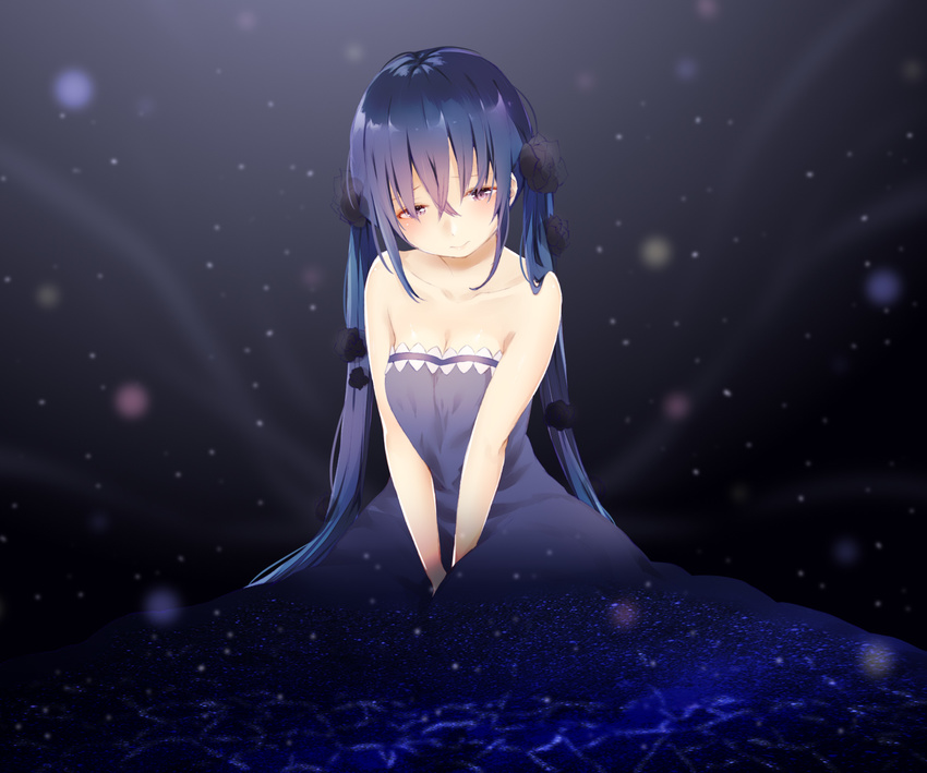 3: bangs between_legs blue_dress blue_hair blurry blush closed_mouth commentary_request depth_of_field dress hair_between_eyes half-closed_eyes hand_between_legs hatsune_miku highres long_hair looking_at_viewer manatsuki_manata paranoia_(vocaloid) purple_eyes sitting solo starry_sky_print twintails very_long_hair vocaloid