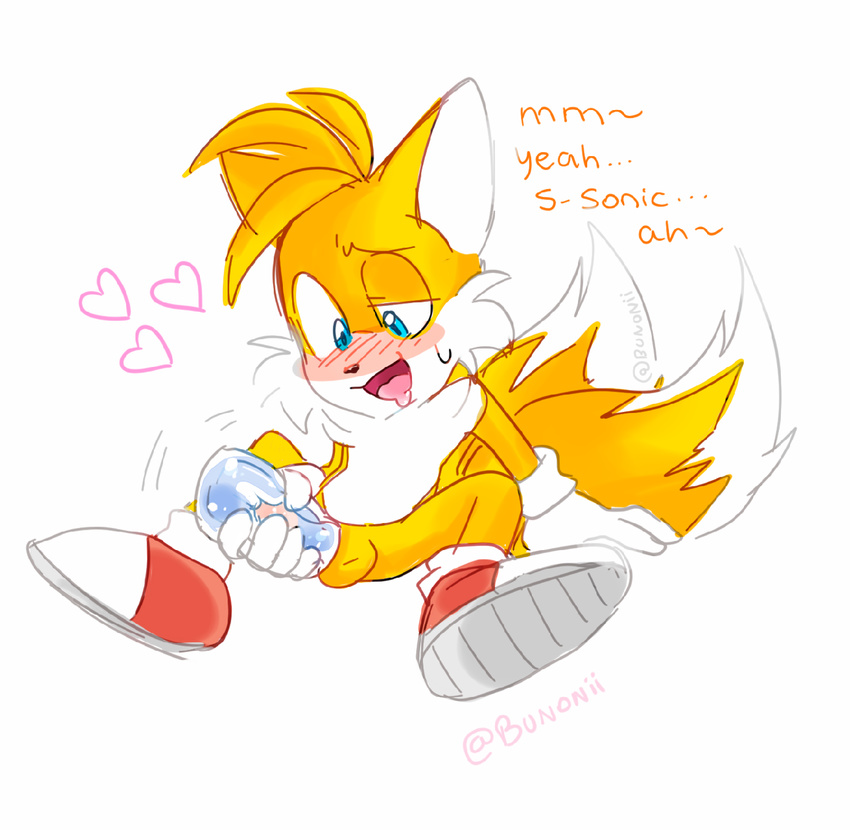 &lt;3 anthro balls blush bunonii canine fox looking_pleasured male mammal masturbation miles_prower mostly_nude penetrable_sex_toy penile_masturbation penis sex_toy simple_background sitting solo sonic_(series) stated_homosexuality white_background