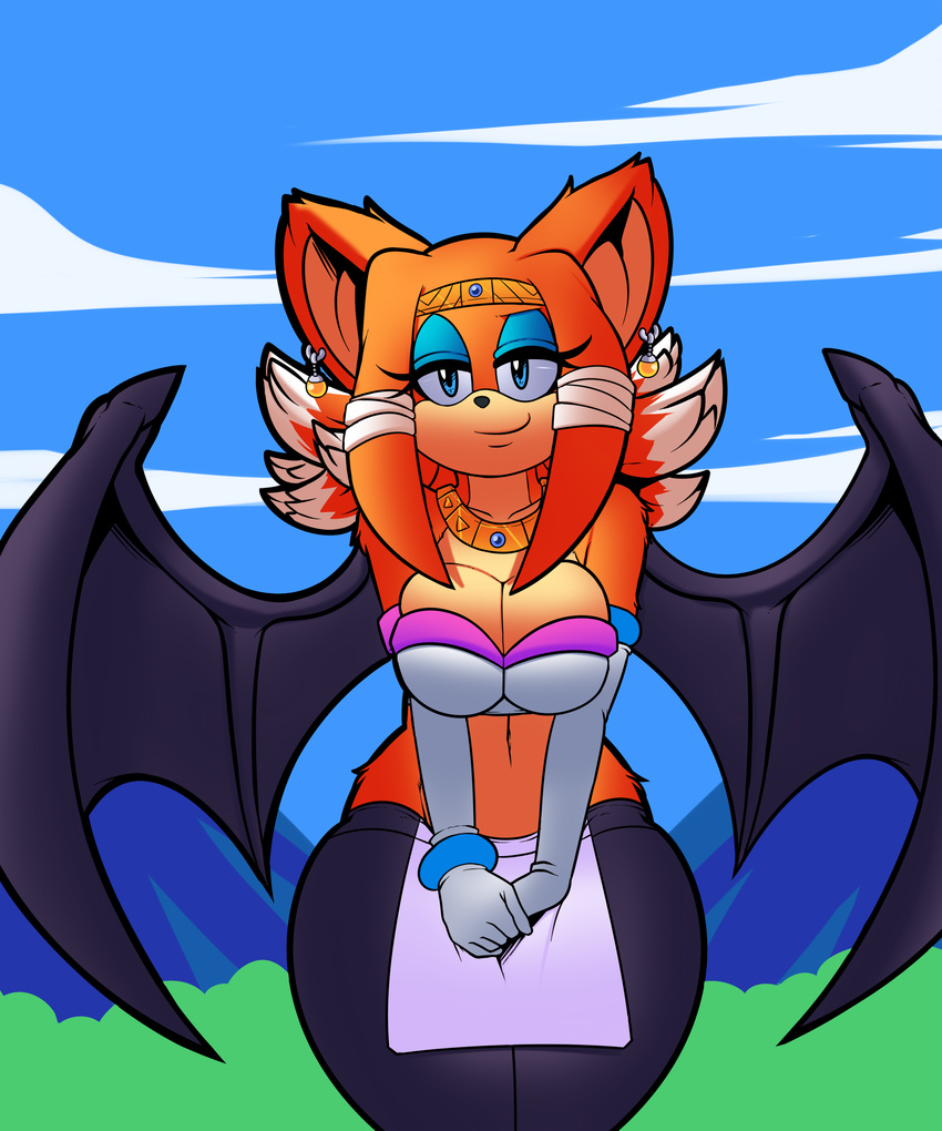 bat big_breasts big_thighs blue_eyes breasts dragon_ball dragon_ball_z dreamcastzx1 ear_piercing echidna female fusion hybrid jewelry mammal monotreme piercing potara rouge_the_bat sonic_(series) thick_thighs tikal_the_echidna voluptuous wide_hips wings