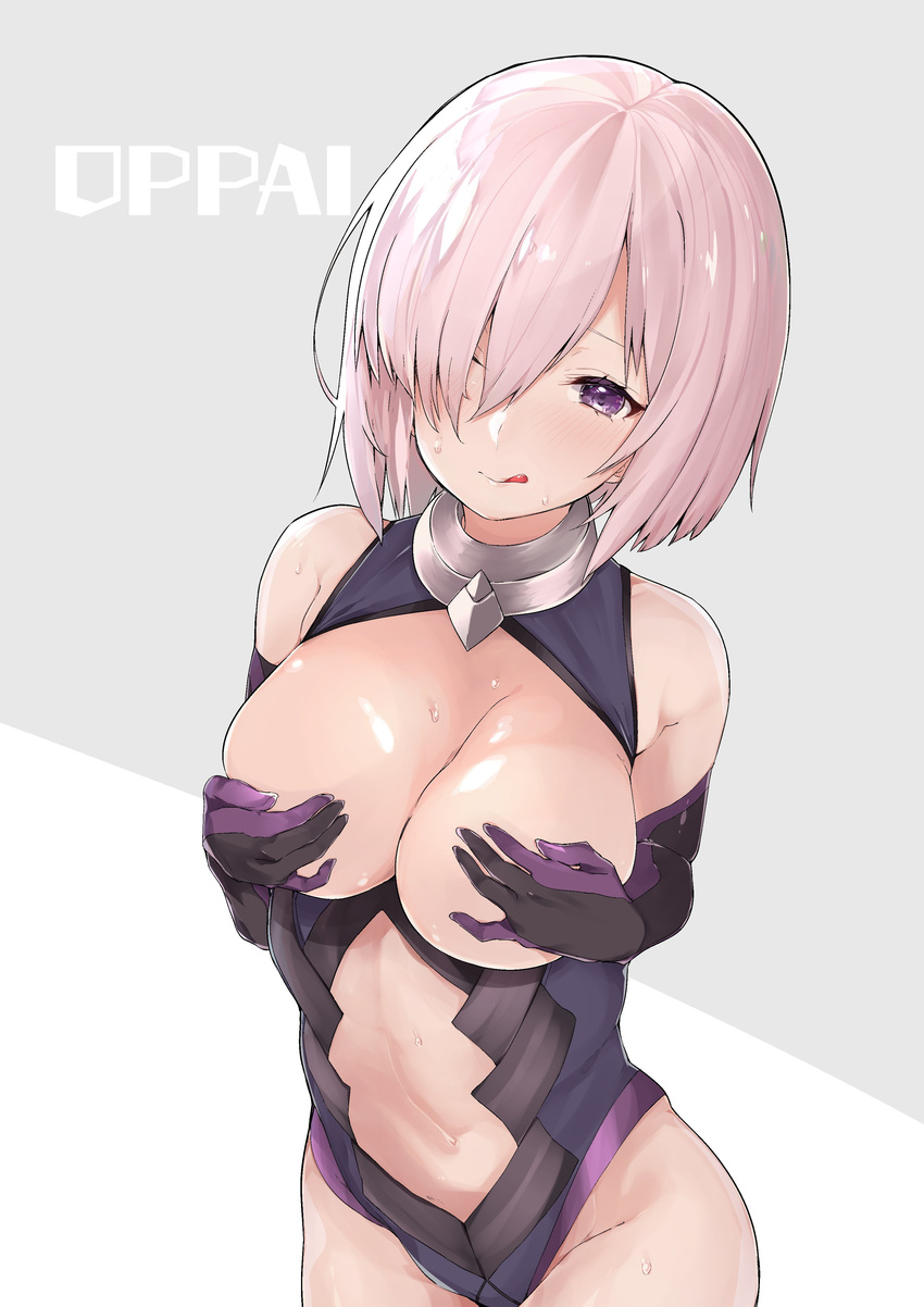 :q absurdres black_gloves black_leotard blush breasts breasts_outside center_opening closed_mouth collar covering covering_breasts covering_nipples cowboy_shot dutch_angle elbow_gloves fate/grand_order fate_(series) gloves grey_background groin hair_over_one_eye head_tilt highres large_breasts leotard looking_at_viewer mash_kyrielight mitsudoue navel navel_cutout pink_hair purple_eyes short_hair simple_background smile solo standing sweat tongue tongue_out two-tone_background