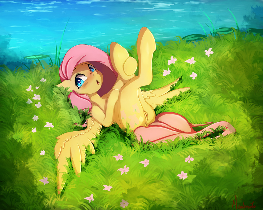 2017 anus blush butt cutie_mark detailed_background equine feathered_wings feathers female feral flower fluttershy_(mlp) friendship_is_magic grass hair hi_res looking_at_viewer lying mammal miokomata my_little_pony on_back open_mouth outside pegasus pink_hair plant pussy shy solo water wings