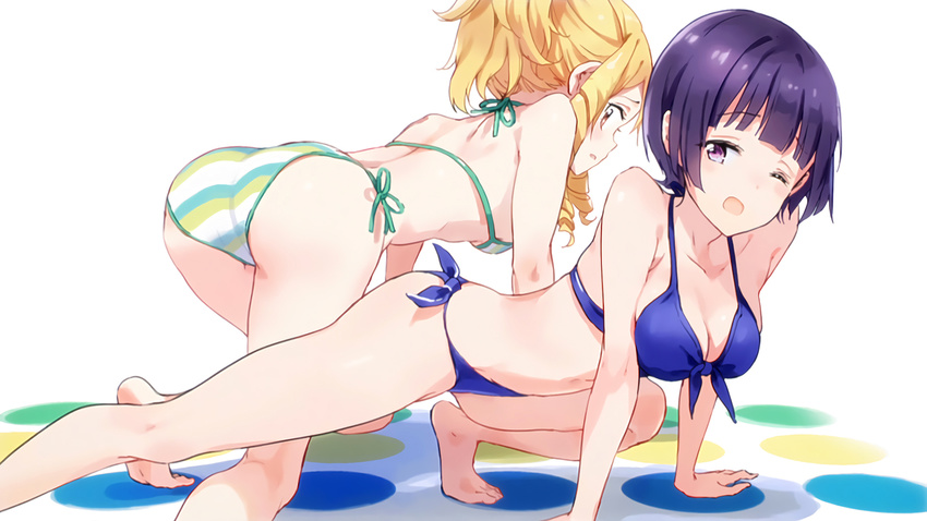 ;o all_fours arm_support ass bare_legs bare_shoulders barefoot bikini blonde_hair blue_bikini breasts brown_eyes cleavage eromanga_sensei eyebrows_visible_through_hair green_bikini halterneck highres large_breasts multiple_girls one_eye_closed ponytail profile purple_eyes purple_hair resized ringlets senju_muramasa short_hair side-tie_bikini sideboob sidelocks simple_background small_breasts striped striped_bikini swimsuit tiv twister underboob upscaled white_background yamada_elf