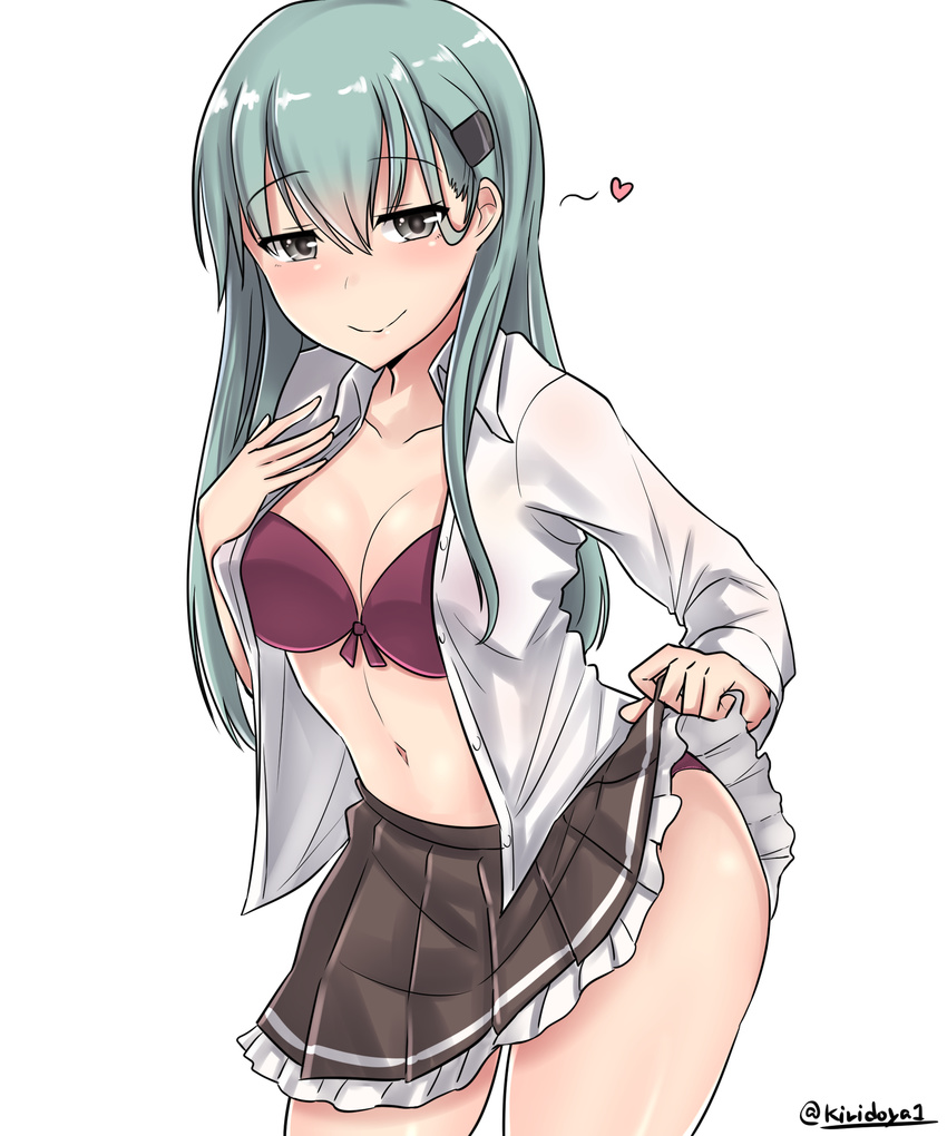 absurdres aqua_hair blush bra breasts brown_skirt cleavage collarbone collared_shirt cowboy_shot eyebrows_visible_through_hair frilled_skirt frills green_eyes hair_between_eyes hair_ornament hairclip heart highres kantai_collection kiritto long_hair looking_at_viewer medium_breasts navel open_clothes open_shirt panties partially_undressed purple_bra purple_panties remodel_(kantai_collection) shirt simple_background skirt skirt_lift smile solo standing suzuya_(kantai_collection) thighs twitter_username underwear white_background white_shirt