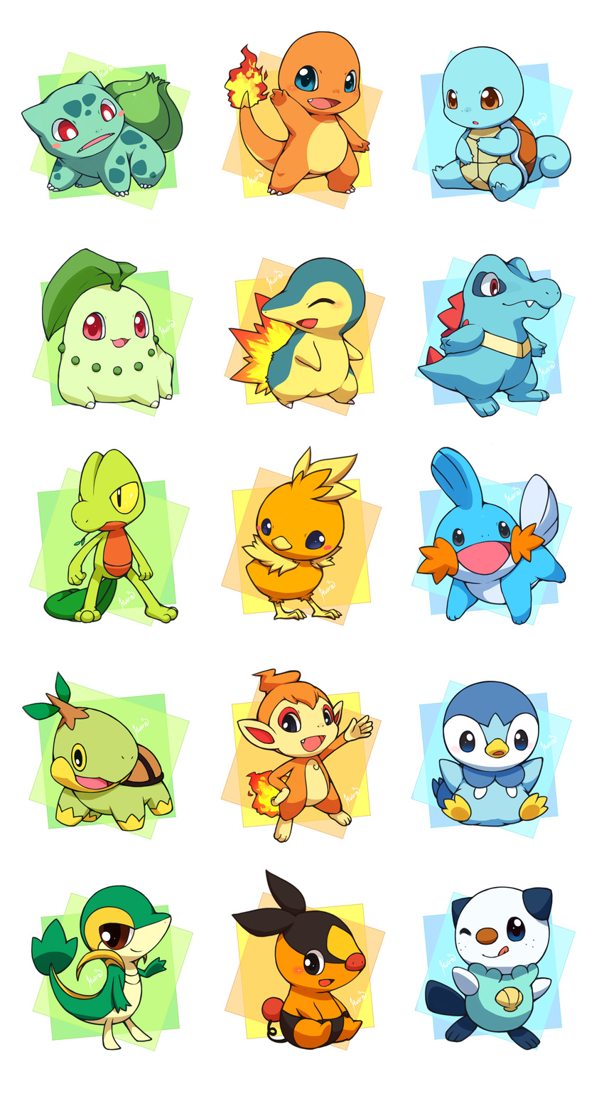 2012 ambiguous_gender blue_body blue_eyes blue_skin bulbasaur charmander chikorita chimchar cyndaquil eyes_closed fire flaming_tail green_body grey_eyes hi_res huiro mudkip nintendo orange_body orange_eyes orange_skin oshawott piplup pok&eacute;mon pok&eacute;mon_(species) red_eyes shell snivy squirtle starter_trio tepig torchic totodile treecko turtwig video_games