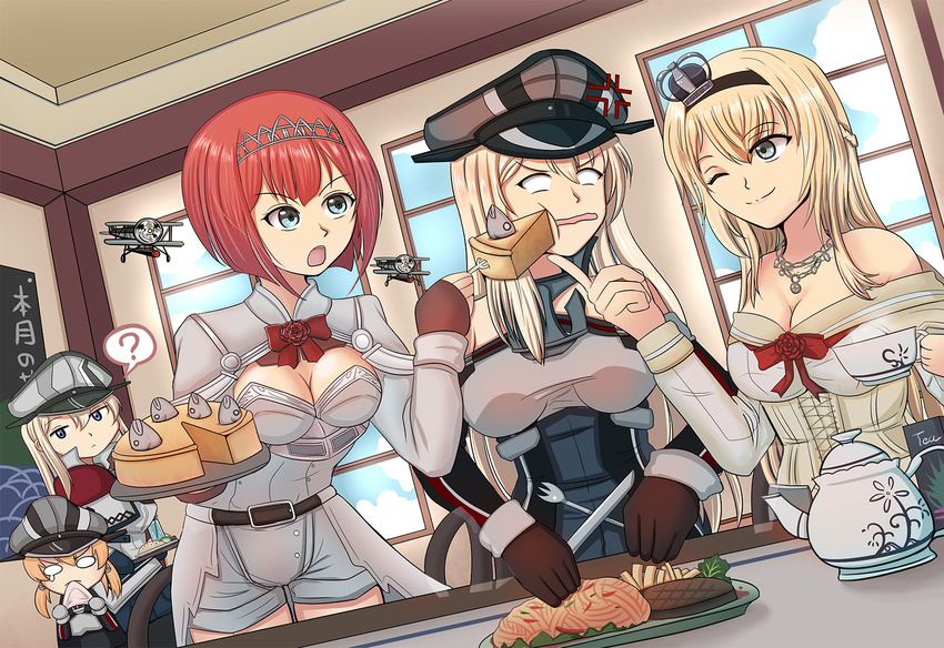 ? aircraft airplane anchor_hair_ornament anger_vein ark_royal_(kantai_collection) bad_anatomy bangs biplane bismarck_(kantai_collection) blonde_hair blue_eyes blue_sky blunt_bangs bob_cut cloud cloudy_sky commentary corset cross-laced_clothes day detached_sleeves dutch_angle fingerless_gloves fish food fork gloves graf_zeppelin_(kantai_collection) guangsu_gongjue hair_ornament hairband hamburger_steak hat highres indoors jealous kantai_collection long_hair long_sleeves military military_hat military_uniform multiple_girls open_mouth overskirt pantyhose peaked_cap pie prinz_eugen_(kantai_collection) red_hair red_ribbon ribbon short_hair silver_trim sky spoken_question_mark stargazy_pie swordfish_(airplane) teapot tiara tsurime uniform warspite_(kantai_collection) window