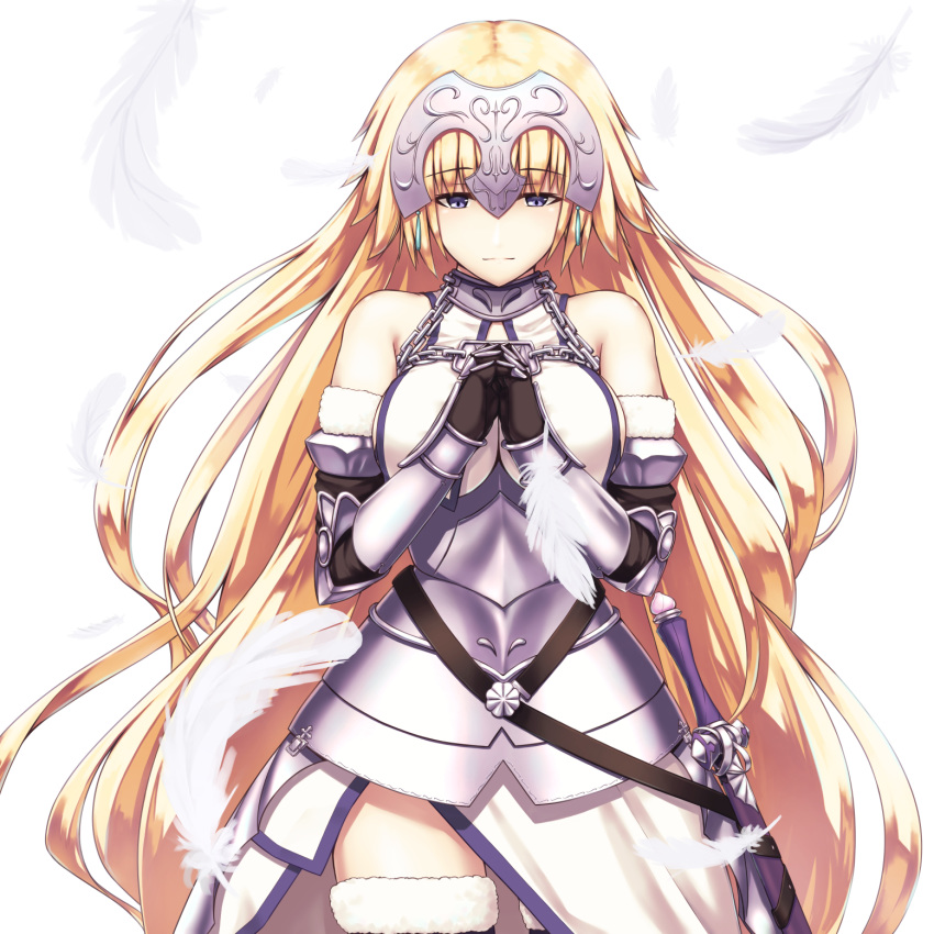 1girl armor armored_dress bangs bare_shoulders black_gloves blonde_hair blue_eyes braid closed_mouth commentary_request cowboy_shot enchuu eyebrows_visible_through_hair falling_feathers fate/apocrypha fate/grand_order fate_(series) faulds fur_trim gauntlets gloves hands_clasped headpiece highres jeanne_d'arc_(fate) jeanne_d'arc_(fate)_(all) long_hair own_hands_together plackart sheath standard_bearer sword thighhighs very_long_hair weapon
