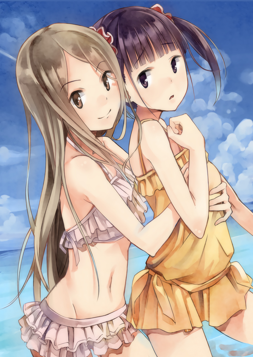 beach bikini blonde_hair clouds hair_ornament happy hug hug_from_behind looking_at_viewer minami_shizuku navel noda_kotone open_mouth pigtails purple_eyes purple_hair sakura_trick scrunchie sky smile swimsuit water yellow_eyes yuri