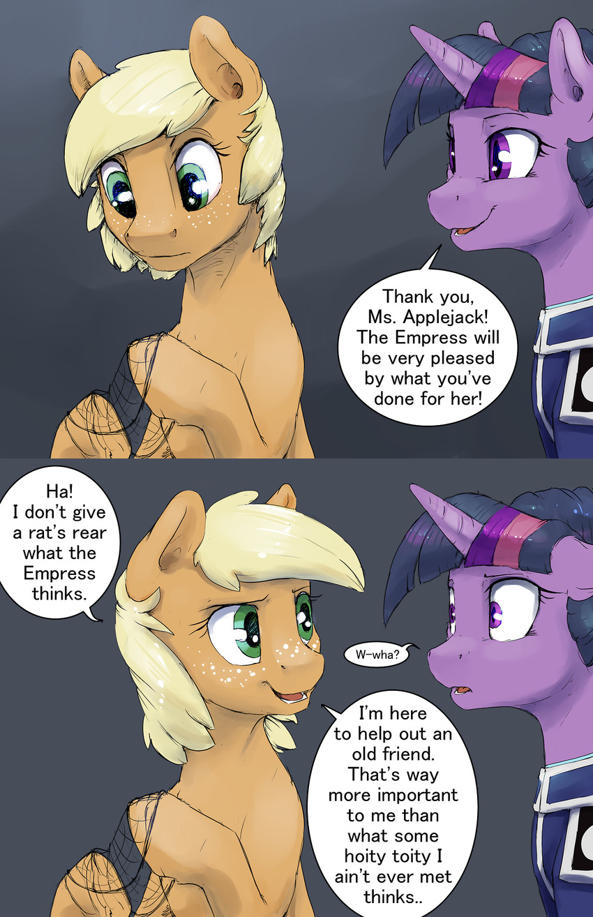 2017 applejack_(mlp) clothing dialogue english_text equine friendship_is_magic green_eyes hair_net horn mammal my_little_pony purple_eyes silfoe slit_pupils text twilight_sparkle_(mlp) unicorn uniform