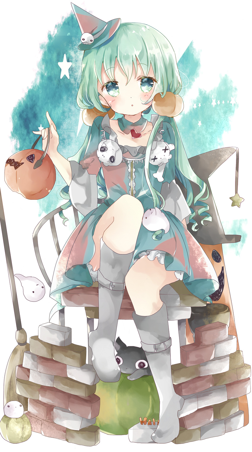 :o animal aqua_background bad_id bad_pixiv_id bangs bloomers blush boots brick_wall broom cat commentary_request detached_collar dress eyebrows_visible_through_hair food_themed_hair_ornament ghost green_eyes green_hair hair_between_eyes hair_ornament halloween hat head_tilt heart highres holding jack-o'-lantern knee_boots long_hair long_sleeves looking_at_viewer low_twintails mini_hat multicolored multicolored_clothes multicolored_dress original parted_lips pumpkin_hair_ornament ringlets silver_footwear sitting skull solo star tsukiyo_(skymint) twintails underwear very_long_hair white_background white_bloomers wizard_hat