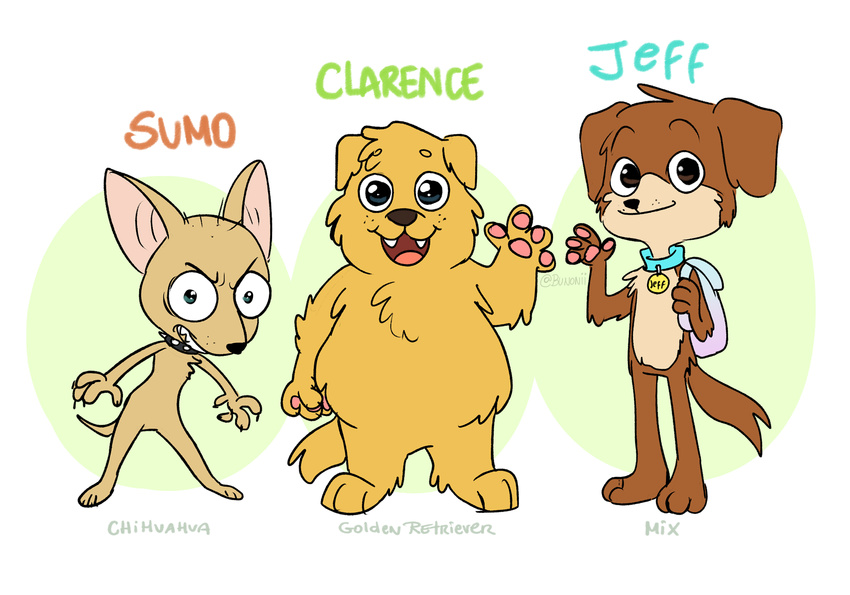 alternate_species anthro backpack blue_eyes brown_eyes brown_fur bunonii canine cartoon_network chest_tuft chihuahua clarence claws collar dog fangs flat_colors floppy_ears fur golden_retriever group jeff_(clarence) looking_at_viewer male mammal open_mouth pawpads simple_background slightly_chubby spiked_collar spikes standing sumo_(clarence) tan_fur teeth text toony tuft waving yellow_fur young