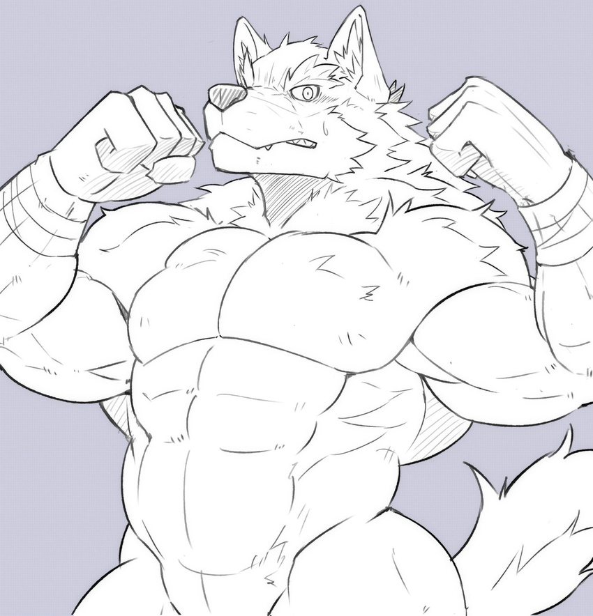2017 abs anthro biceps big_muscles canine male mammal monochrome muscular muscular_male nude pecs simple_background urakata5x wolf
