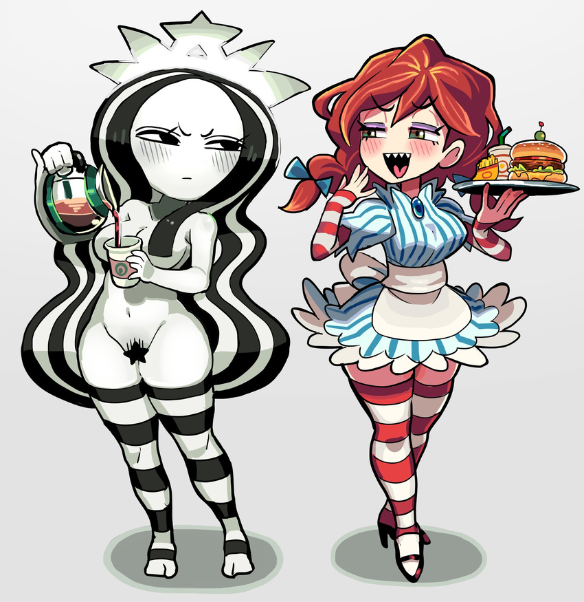 black_eyes black_hair blue_eyes blush bow braid breasts censored coffee_pot dress fang food freckles full_body gashi-gashi hair_bow hair_censor hair_over_breasts hamburger highres long_hair looking_at_another medium_breasts multicolored_hair multiple_girls navel nude open_mouth pinstripe_pattern plate pouring pubic_hair red_hair smile star star_censor starbucks starbucks_siren stb-chan striped striped_dress striped_legwear thighhighs twin_braids very_long_hair wavy_hair wendy's wendy_(wendy's) white_background white_hair white_skin