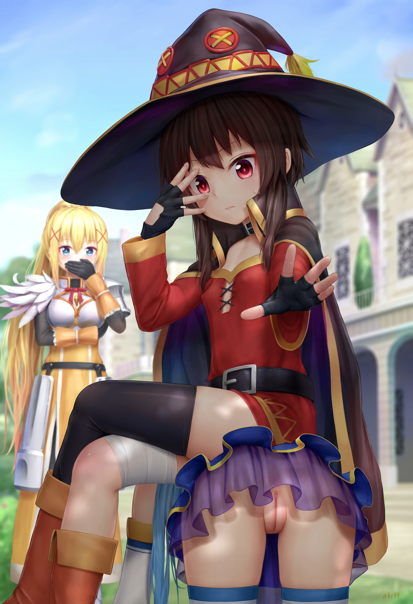 3girls aki99 aqua_(konosuba) ass belt belt_collar black_belt black_hair blonde_hair blue_hair blurry blush boots breasts brown_hair cape covering_mouth crossed_legs darkness_(konosuba) depth_of_field femdom fingerless_gloves gloves hand_over_own_mouth hat highres kono_subarashii_sekai_ni_shukufuku_wo! megumin multiple_girls no_panties outdoors outstretched_arm pussy short_hair sitting sitting_on_person skirt skirt_lift small_breasts smile thighhighs uncensored witch_hat yuri