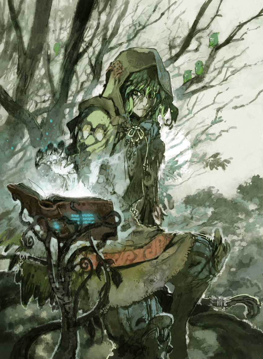 bird book boots copyright_name force_of_will gloves green_eyes green_hair highres hood konno_takashi leaf male_focus official_art solo sun tree weapon