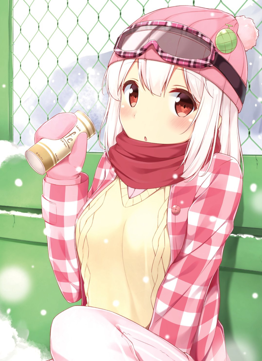 aran_sweater bangs beanie blunt_bangs blush breasts can chain-link_fence commentary_request day eyebrows_visible_through_hair fence goggles goggles_on_headwear hair_between_eyes hand_up hat hat_pin highres holding holding_can jacket karutamo long_hair long_sleeves looking_at_viewer medium_breasts mittens open_clothes open_jacket original outdoors pants parted_lips pink_hat pink_pants plaid_jacket pom_pom_(clothes) red_eyes red_scarf scarf sitting ski_goggles snow snowing solo sweater tisshu_(karutamo) white_hair winter_clothes yellow_sweater