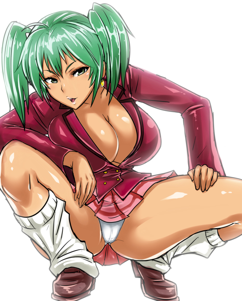 ahoge breasts cameltoe cleavage commentary_request earrings green_eyes green_hair gyaru highres ikkitousen ikkitousen_great_guardians jewelry kogal large_breasts leg_warmers long_hair long_sleeves looking_at_viewer okyou panties parted_lips pink_skirt ryofu_housen school_uniform skirt solo spread_legs squatting twintails underwear white_panties