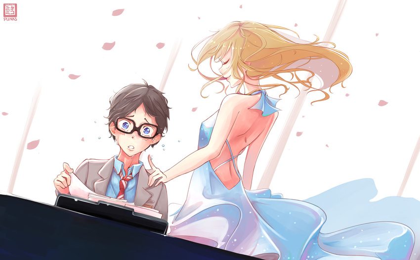 1girl arima_kousei black_hair blonde_hair blue_eyes cherry_blossoms closed_eyes crying crying_with_eyes_open dress glasses hand_on_another's_shoulder highres instrument miyazono_kawori necktie nekomimipunks piano red_neckwear school_uniform sheet_music shigatsu_wa_kimi_no_uso striped striped_neckwear tears white_dress