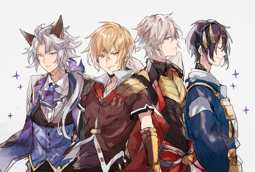 albert_(shingeki_no_bahamut) animal_ears black_hair blonde_hair blue_eyes closed_eyes cravat crossover erune granblue_fantasy grey_eyes japanese_clothes katsugeki/touken_ranbu lucifer_(shingeki_no_bahamut) male_focus mikazuki_munechika multiple_boys ponytail red_eyes seruel silver_hair smile sparkle touken_ranbu waltz_(tram)